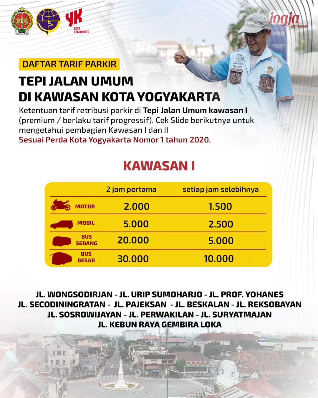 Daftar tarif parkir Tepi Jalan Umum di Kawasan Kota Yogyakarta