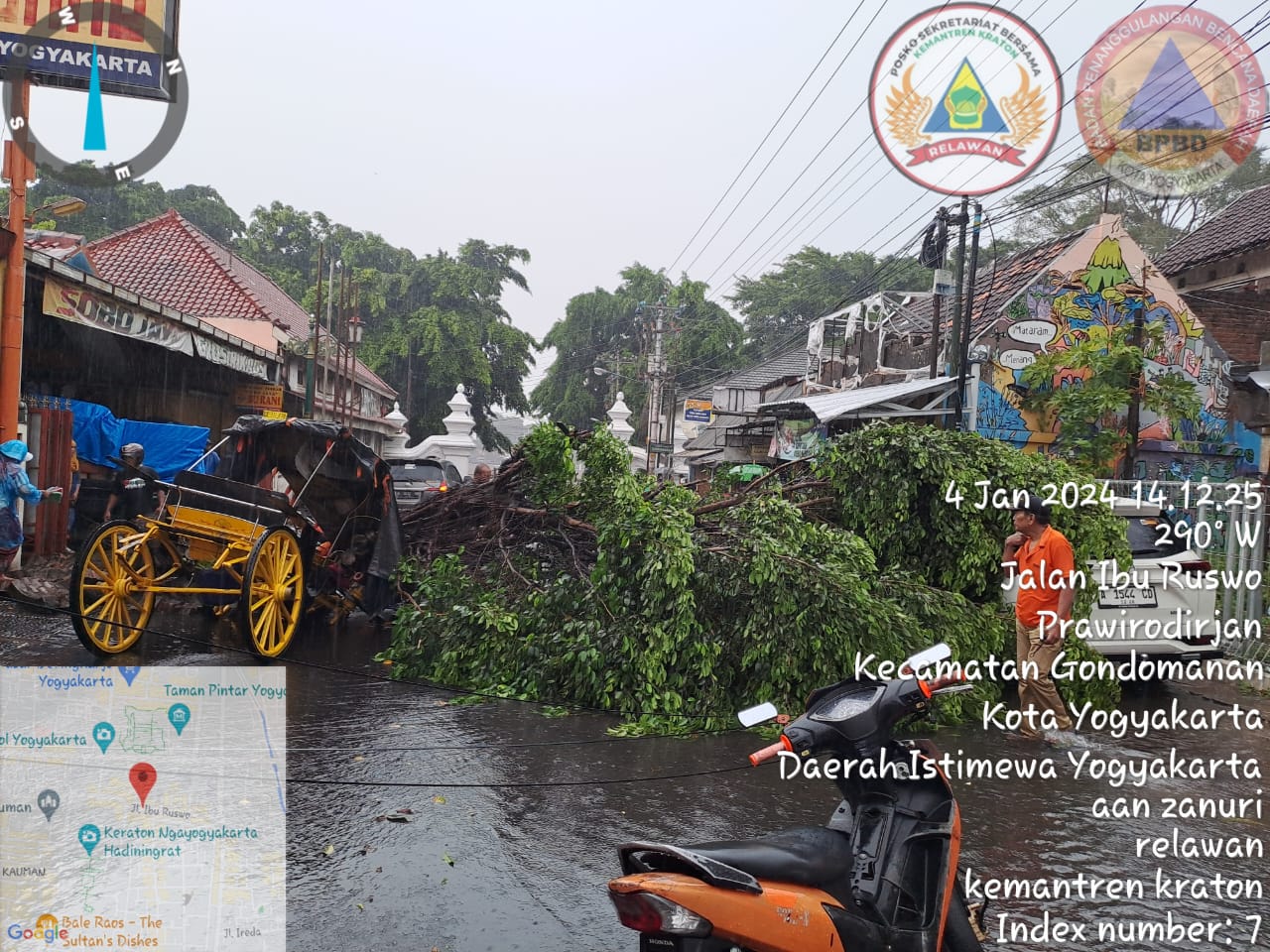 SELAMAT: Pohon tumbang menimpa andong beserta kuda dan kusirnya di Jalan Ibu Ruswo, Gondomanan, Jogja, Kamis (4/1). (Istimewa)