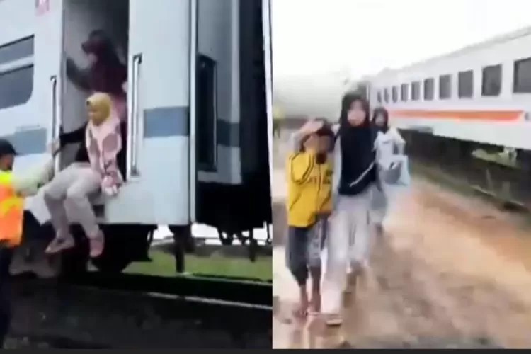 Tangkapan layar video detik-detik penumpang berhamburan turun dari kereta api (KA) yang bertarakan Bandung Raya dan Turangga, Jumat 5 Januari 2024.