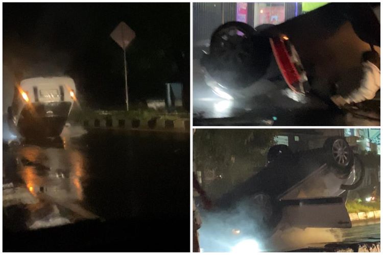Kolase foto peristiwa kejadian mini cooper terbalik/ Foto: Cici Jusnia