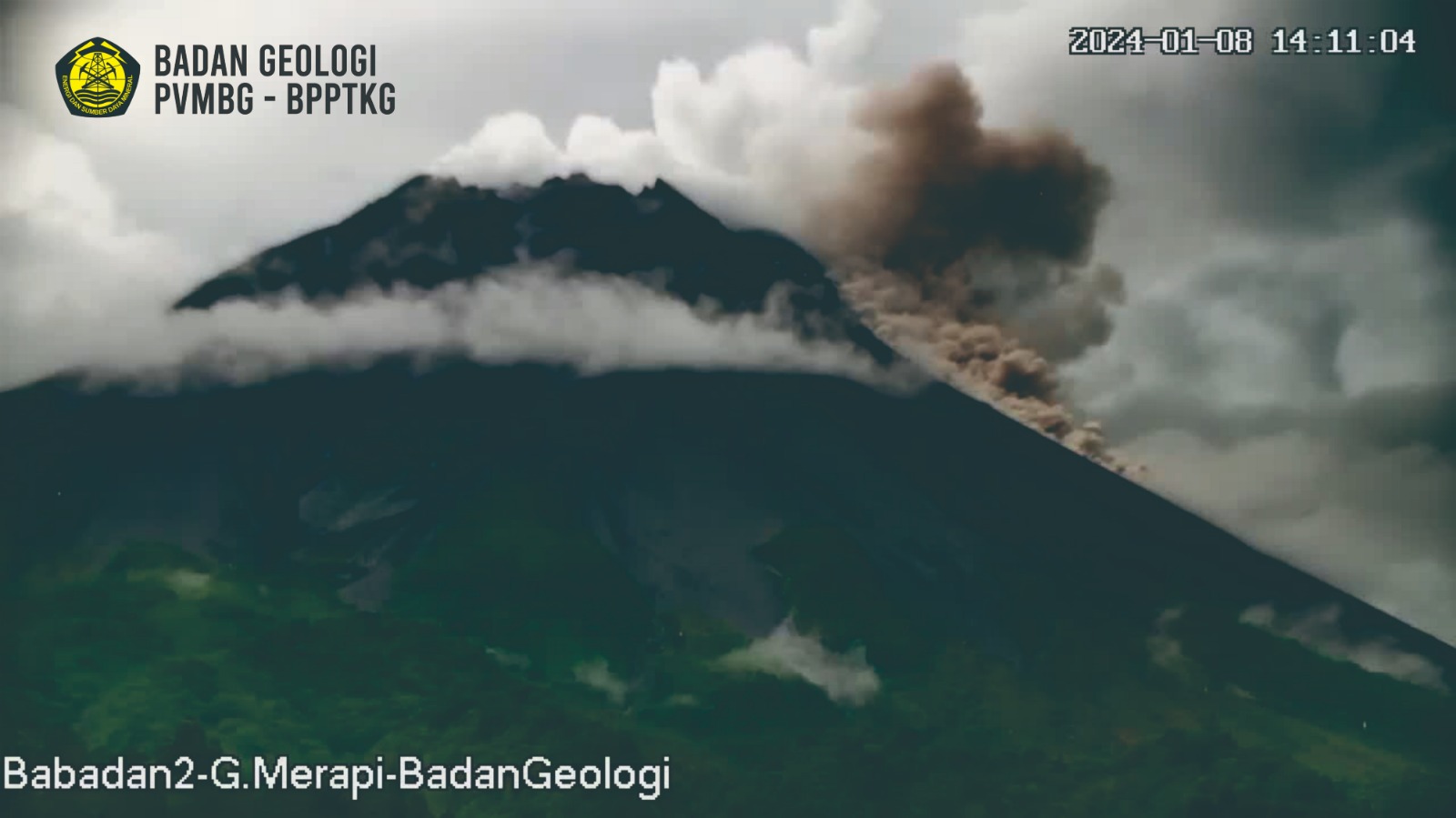 Terjadi awan panas guguran (APG) Gunung Merapi, Senin 8 Januari 2024, pukul 14.09 WIB. (CCTV Pos Babadan, Badan Geologi, BPPTKG)