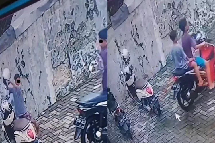 Bocah kecil ambil helm di Semarang (IG/infokejadiansemarang.new)
