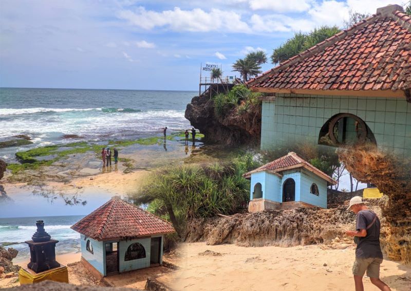 Suasana Pantai Ngobaran, Gunung Kidul. Masjid kecil ini jadi ikonik dan bikin penasaran dengan struktur bangunan menghadap ke Laut Selatan Jawa. Foto diambil Jum