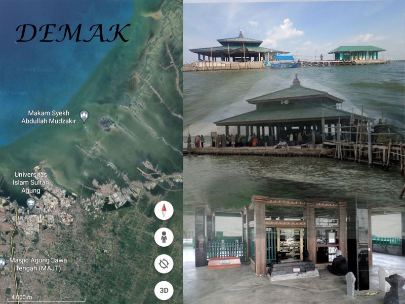 Penampakan Makam Apung Mbah Mudzakir berada di tengah lautan Demak utara, tepatnya di Kecamatan Sayung. Pemakaman ini fenomenal selalu ramai pezirah, karena menjadi wisata religi di Kabupaten Demak