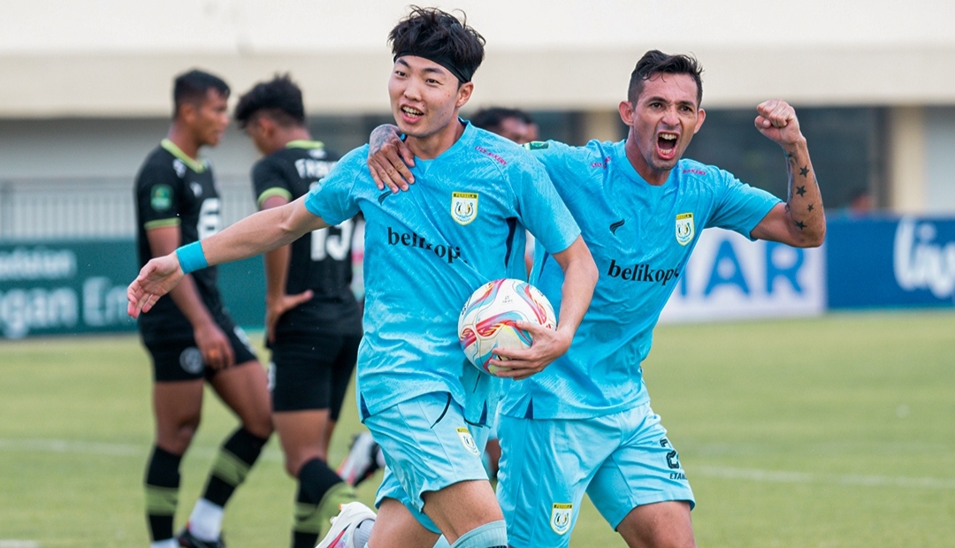 Selebrasi kim Dohyun usai jebol gawang Bekasi City di Tuban Sports Center (ig perselafc)