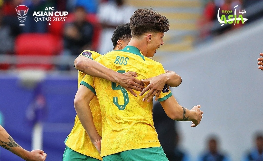 Selebrasi pemain Australia usai jebol gawang India di pertandingan pembuka grup B Piala Asia 2023 Qatar (ig qatar2023)