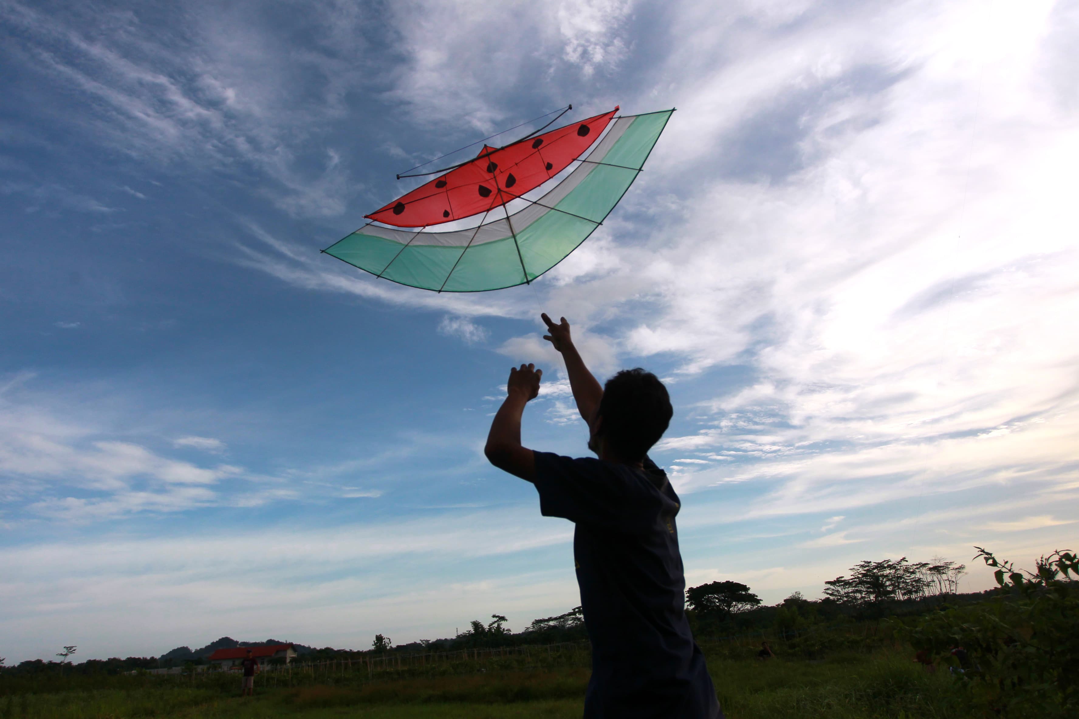 BEBAS: Warga menerbangkan layang-layang di areal persawahan Dusun Ngaran, Kalurahan Margokaton, Kapanewon Seyegan, Sleman, Minggu (14/1).