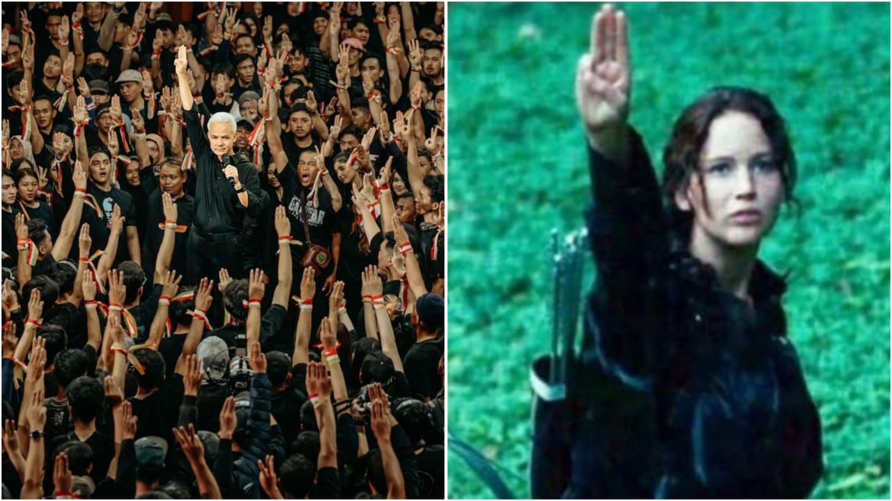 HORMAT: Salam tiga jari yang digaungkan Ganjar Pranowo dan Mahfud MD identik dengan The Hunger Games: Mockingjay Part 1.