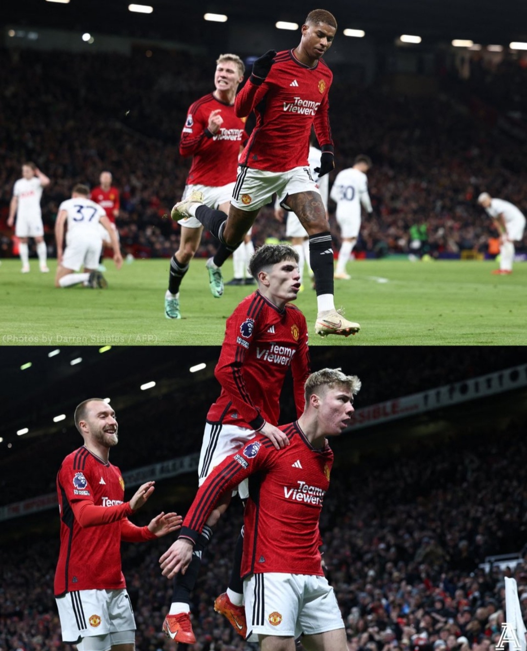 Selebrasi penggawa Manchester United usai jebol gawang Tottenham Hotspurs (the athletic)