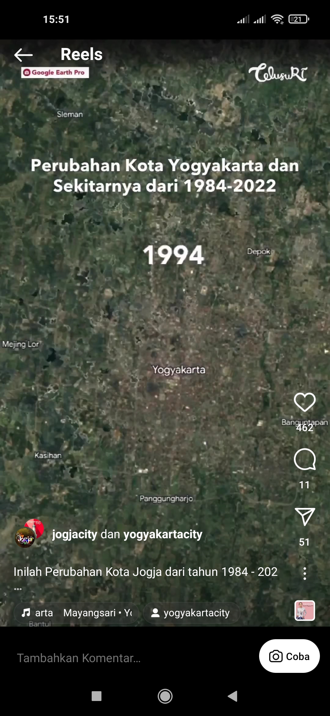 BERKEMBANG: Foto satelit Kota Jogja pada tahun 1994.