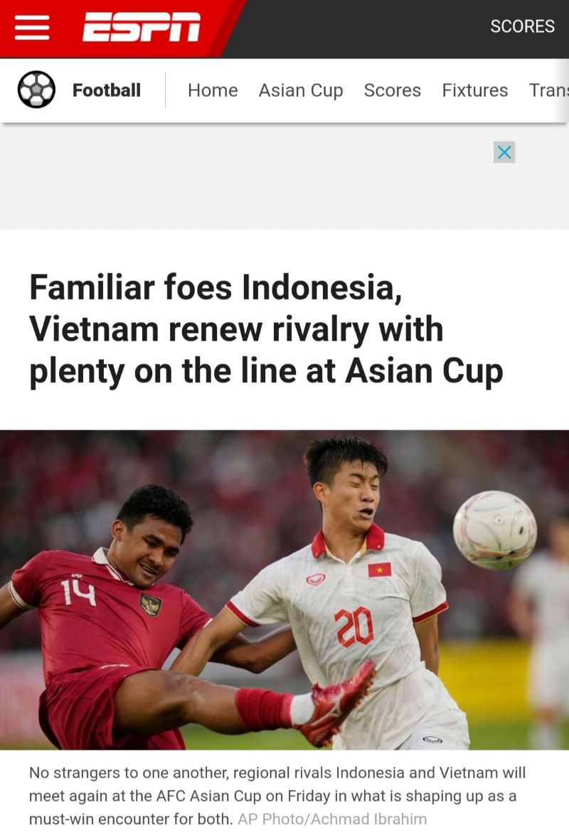 Media Barat, ESPN pantau pertandingan Indonesia kontra Vietnam (tangkapan layar ESPN)