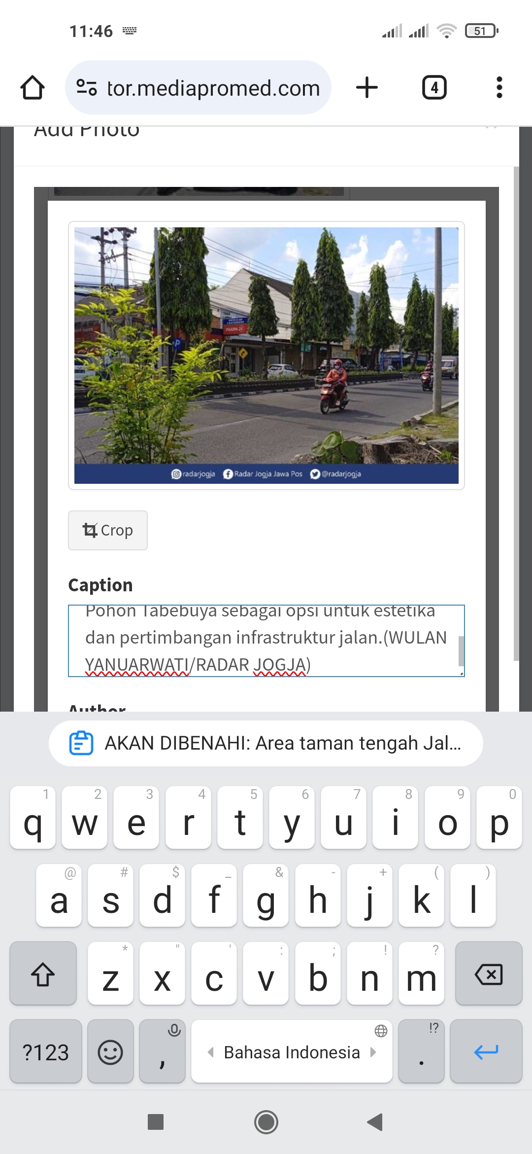 AKAN DIBENAHI: Area taman tengah Jalan Affandi Gejayan yang perlu direvitalisasi. Pohon Tabebuya sebagai opsi untuk estetika dan pertimbangan infrastruktur jalan.(Dok RADAR JOGJA)