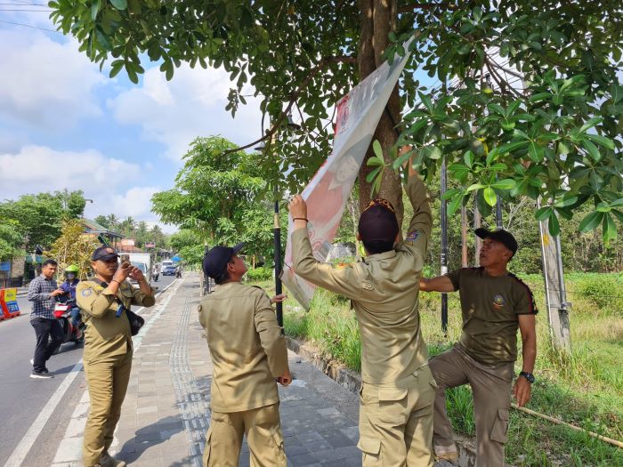 PENERTIBAN: Satpol PP bersama Bawaslu dan KPU Kabupaten Magelang menertibkan APK di sejumlah titik.