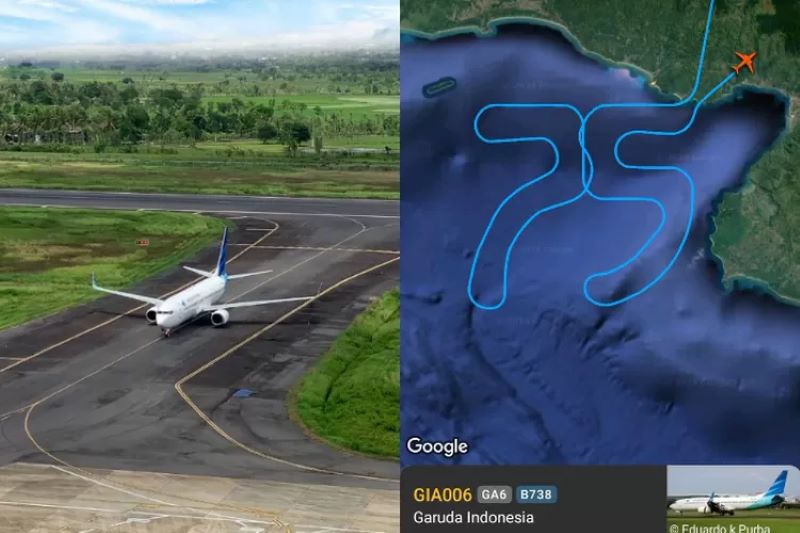 Dari Kiri: Ilustrasi Pesawat terbang dan aksi pesawat mengudara dengan membentuk radar angka 75 di langit Sukabumi. Gambar kanan tertangkap melalui flightradar24.