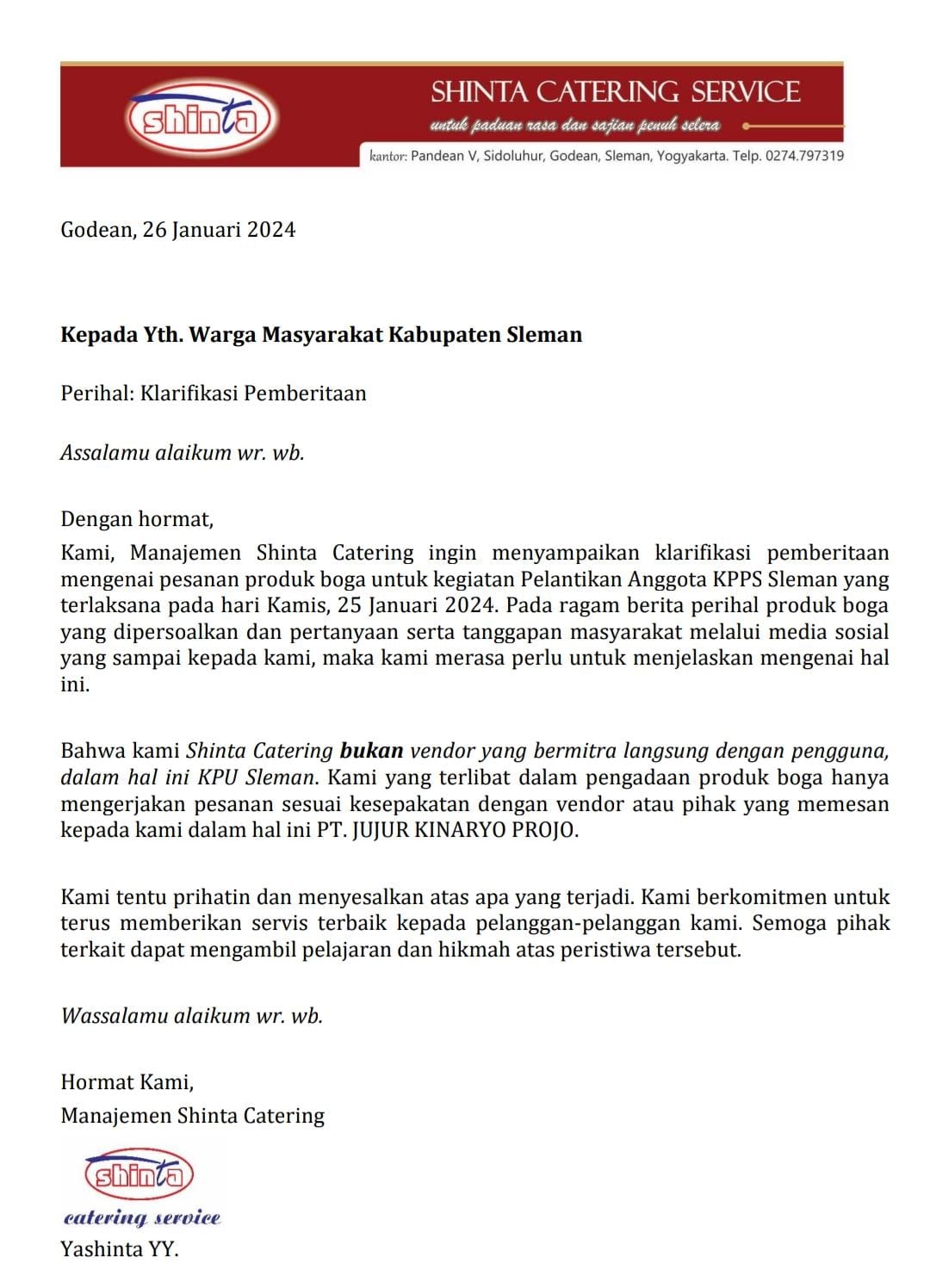 JELAS: Klarifikasi dari Shinta Catering.