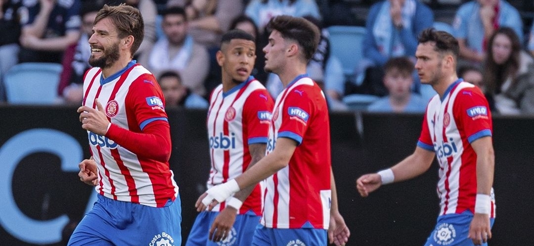 Selebrasi penggawa Girona usai Christian Portu menjebol gawang Celta Vigo (ig guronafc)
