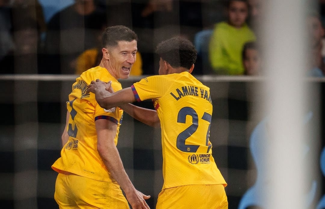 Selebrasi Robert Lewandowski bersama Lamine Yamal usai membawa Barcelona taklukkan Celta Vigo (ig fcbarcelona)