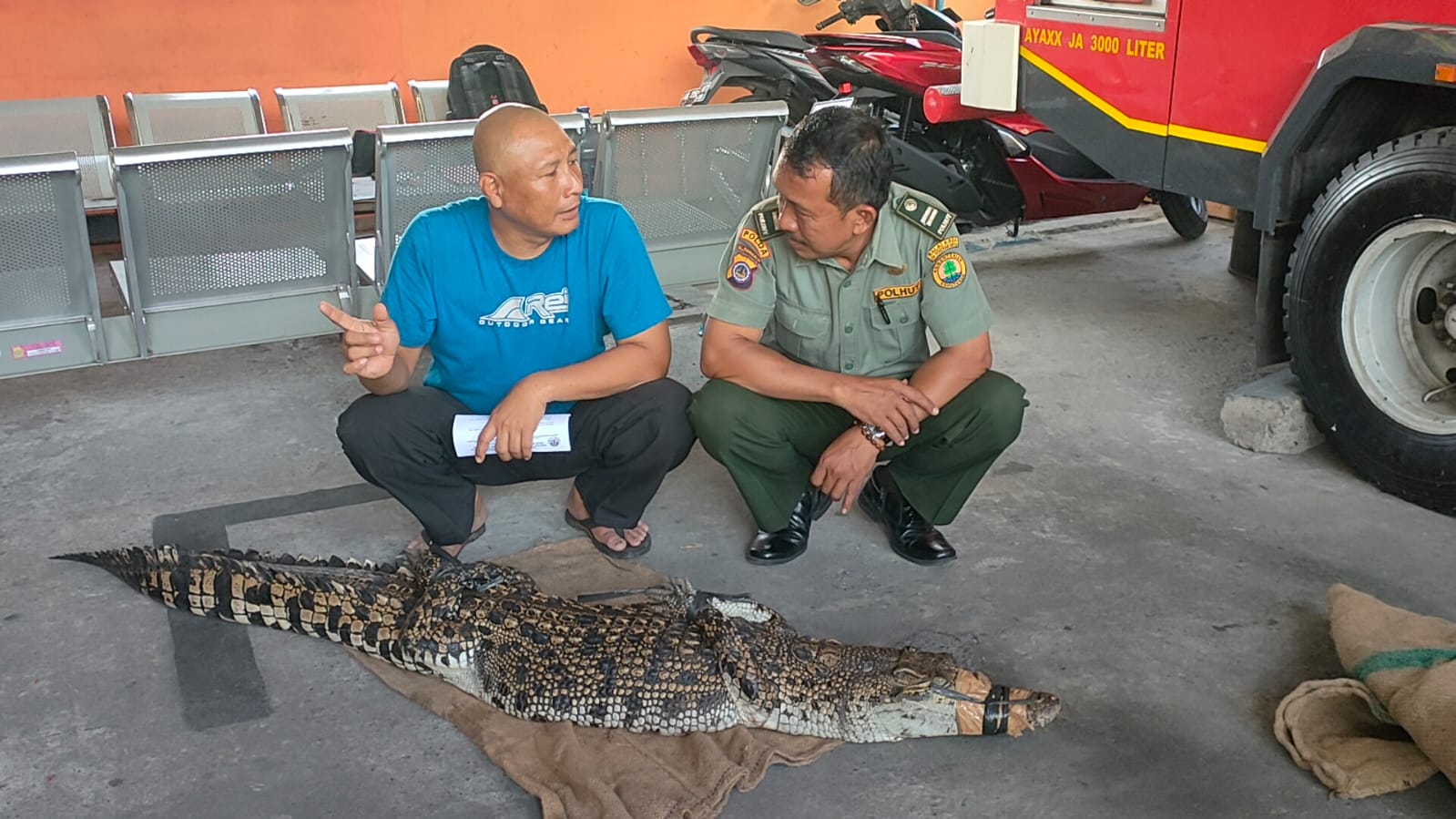 EVAKUASI: Widi Heru Wasana alias Heru Gundul bersama petugas BKSDA.