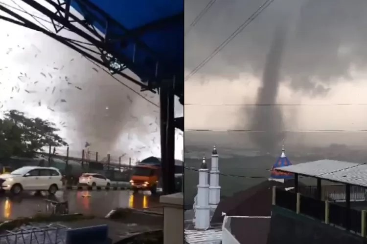 Fenomena tornado terjadi di kawasan Rancaekek, Kabupaten Bandung. (Kolase Twitter/ @steve_hanke/ @ngacapruxbola)