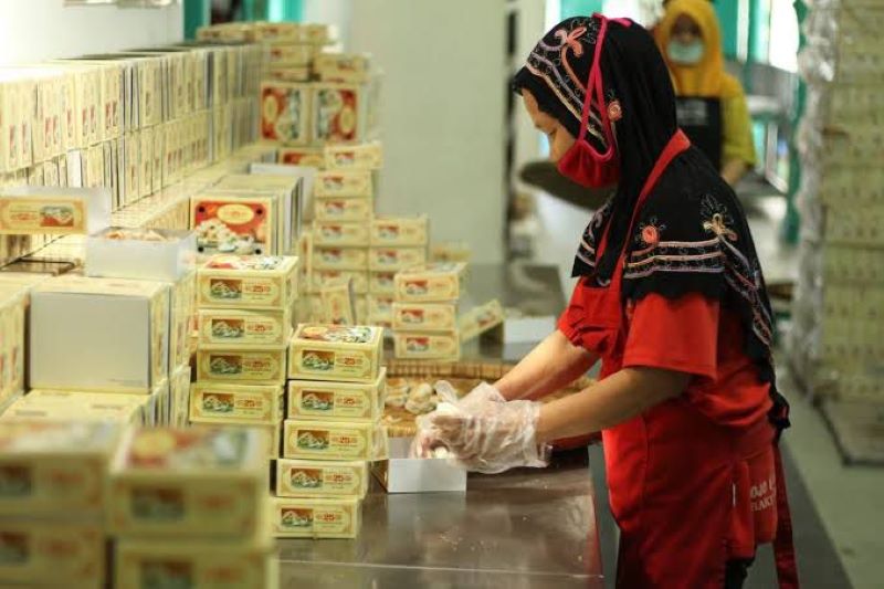 Ilustrasi seorang karyawan Bakpia Jogja tengah packing di tempat produksi bakpia.
