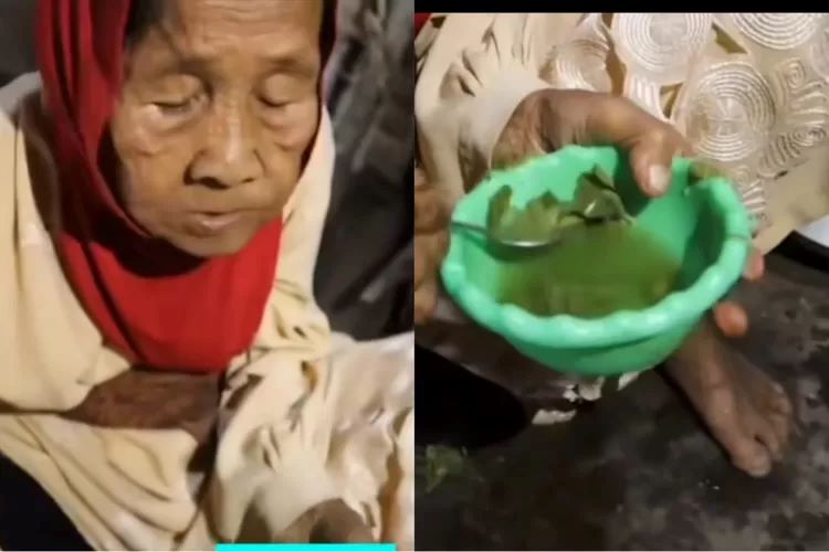 Potret nenek Nursi sedang makan rebusan daun singkong. (Kolase tangkapan layar TikTok/ @cahsiluman)