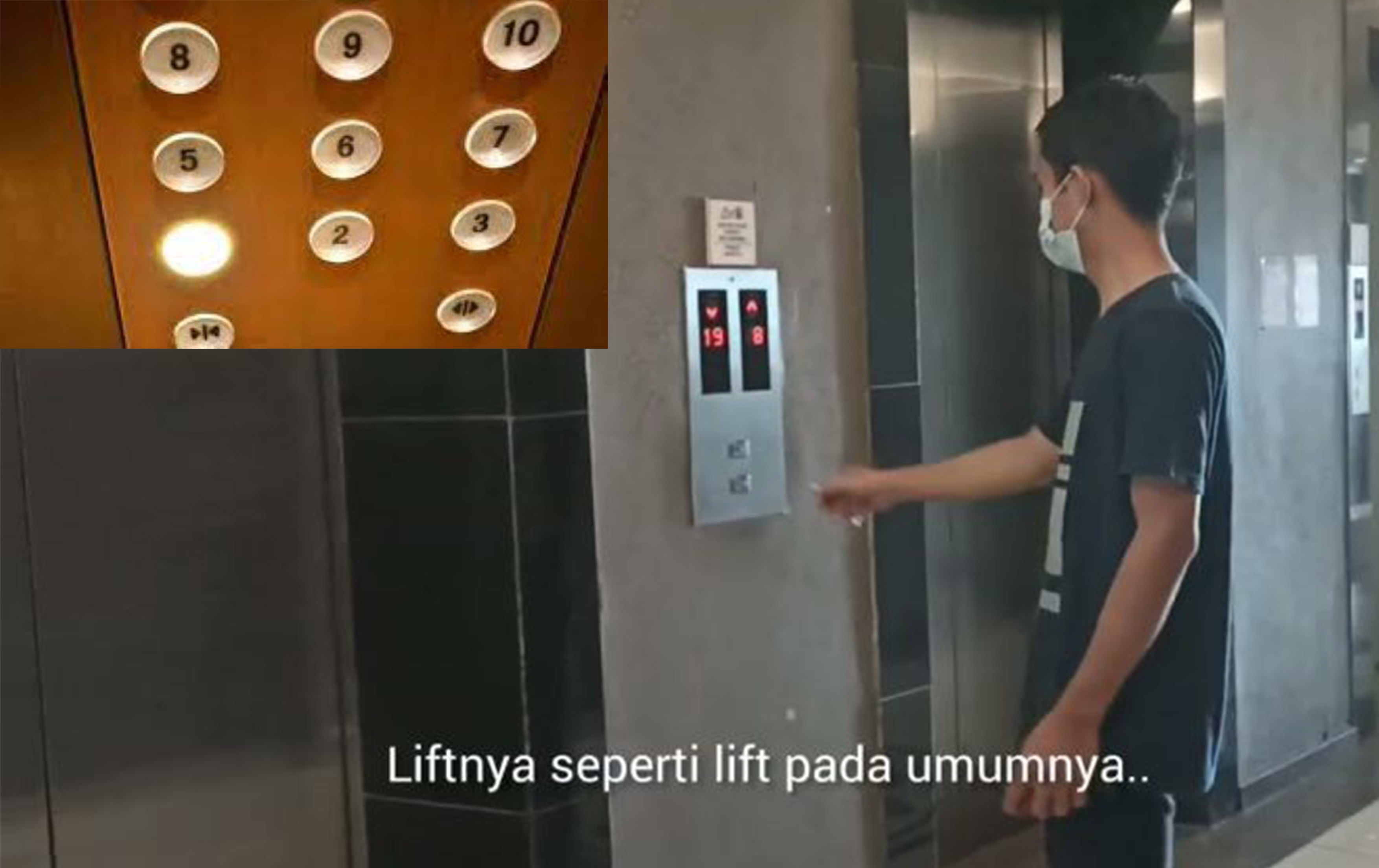 Ilustrasi seseorang masuk lift di gedung atau hotel.