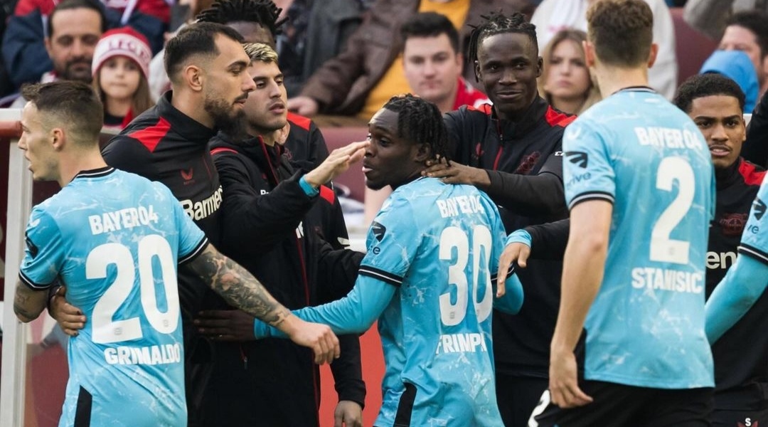 Selebrasi pemain Bayer Levekusen usai Jeremy Frimping cetak gol pembuka ke gawang FC Cologne (ig bayer04fussball)