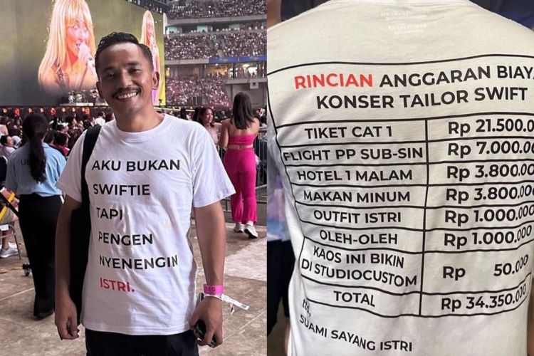 Momen Unik! Suami Gokil Pakai Kaos Berisi Rincian Biaya Rp34 Juta demi Nyenengin Istri di Konser Taylor Swift! (Pict: Tangkapan Layar)