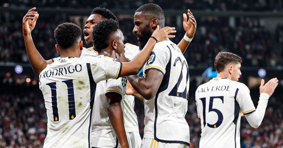Selebrasi penggawa Real Madrid usai Vinicius Junior cetak gol saat ditahan imbang RB Leipzig di Santiago Bernabeu (ig realmadridcf)