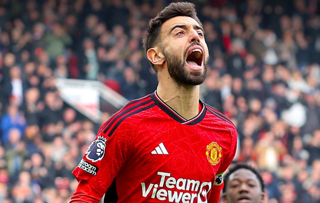Bruno Fernandez luapkan rasa senang usai cetak gol ke gawang Everton melalui Penalti