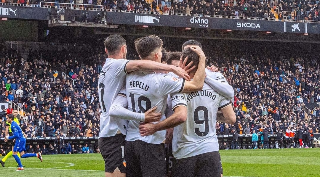 Selebrasi penggawa Valencia usai Hugo Duro cetak gol ke gawang Getafe (ig valenciacf)