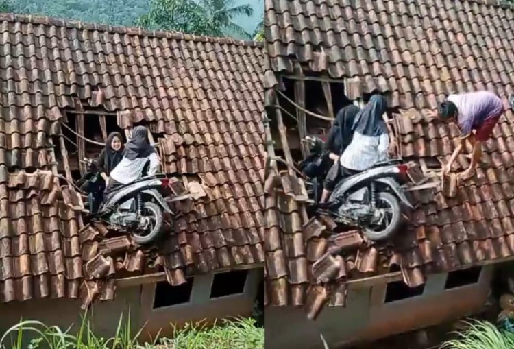 Niat Ngabuburit, Motor Dua Siswi SD di Tasikmalaya Terbang Nyangkut di Atap Rumah Warga! (Tangkapan Layar)