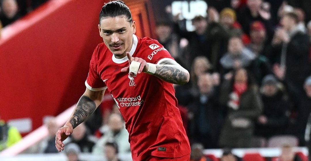 TUNJUK: Selebrasi Darwin Nunez usai cetak gol pembuka Liverpool atas Slavia Prague di Anfield Stadium