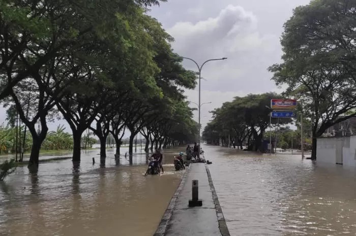 Jalan raya Pantura Karanganyar perbatasan Demak-Kudus lumpuh total kali kedua setelah tanggul Sungai Wulan jebol lagi Minggu (17/3). (Wahib Pribadi/Jawa Pos Radar Semarang)