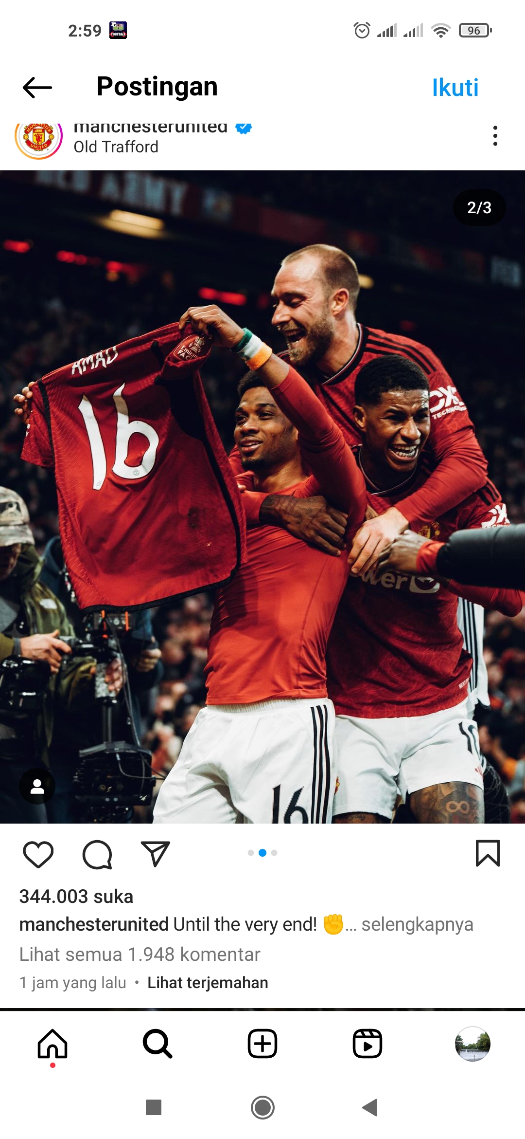 LEPAS: Pemain Manchester United Amad Diallo berselebrasi usai mencetak gol ke gawang Liverpool dalam ajang FA Cup