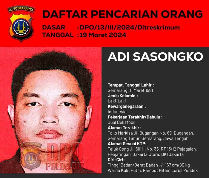 Daftar pencarian orang yang dikeluarkan Polda DIY