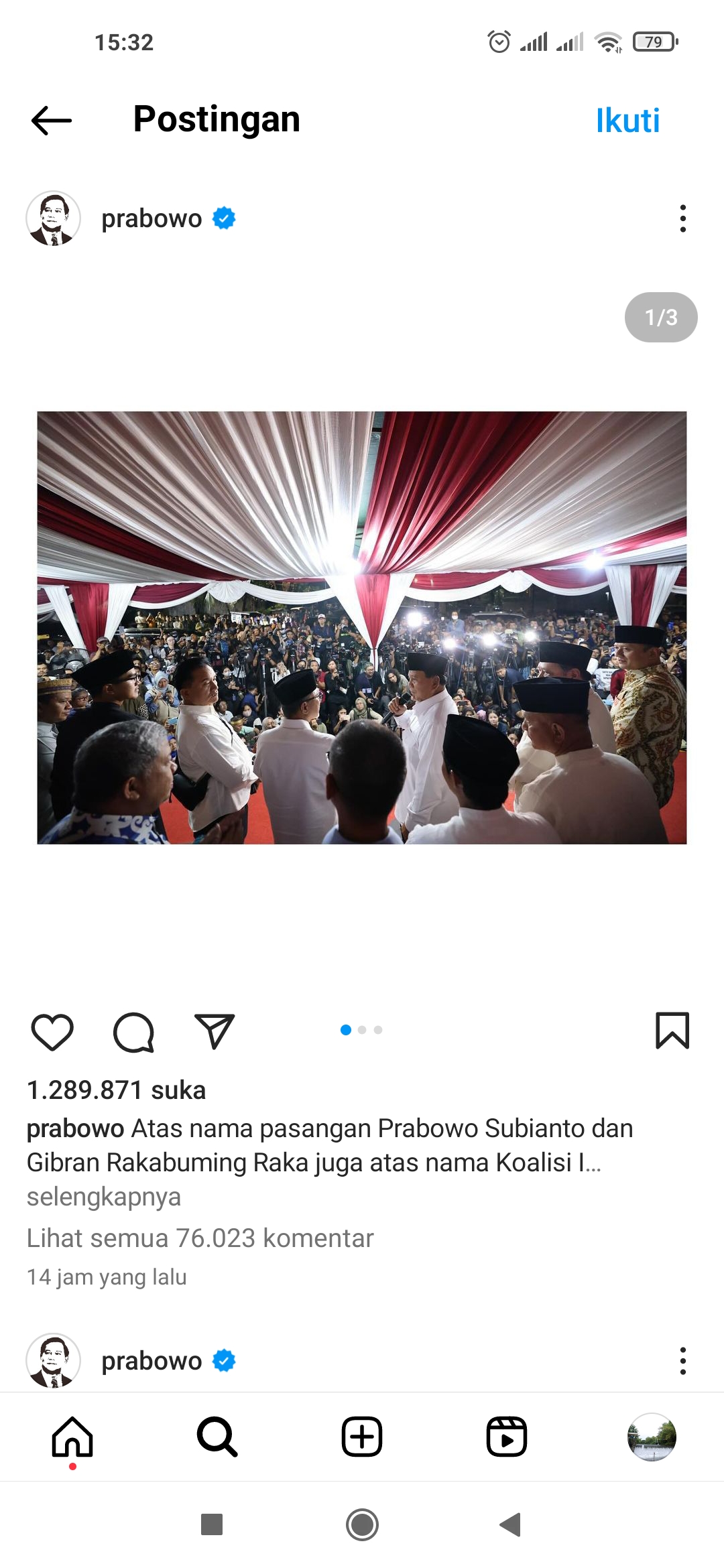 BERSYUKUR: Prabowo Subianto di rumahnya di Jakarta. (Dok IG Prabowo)