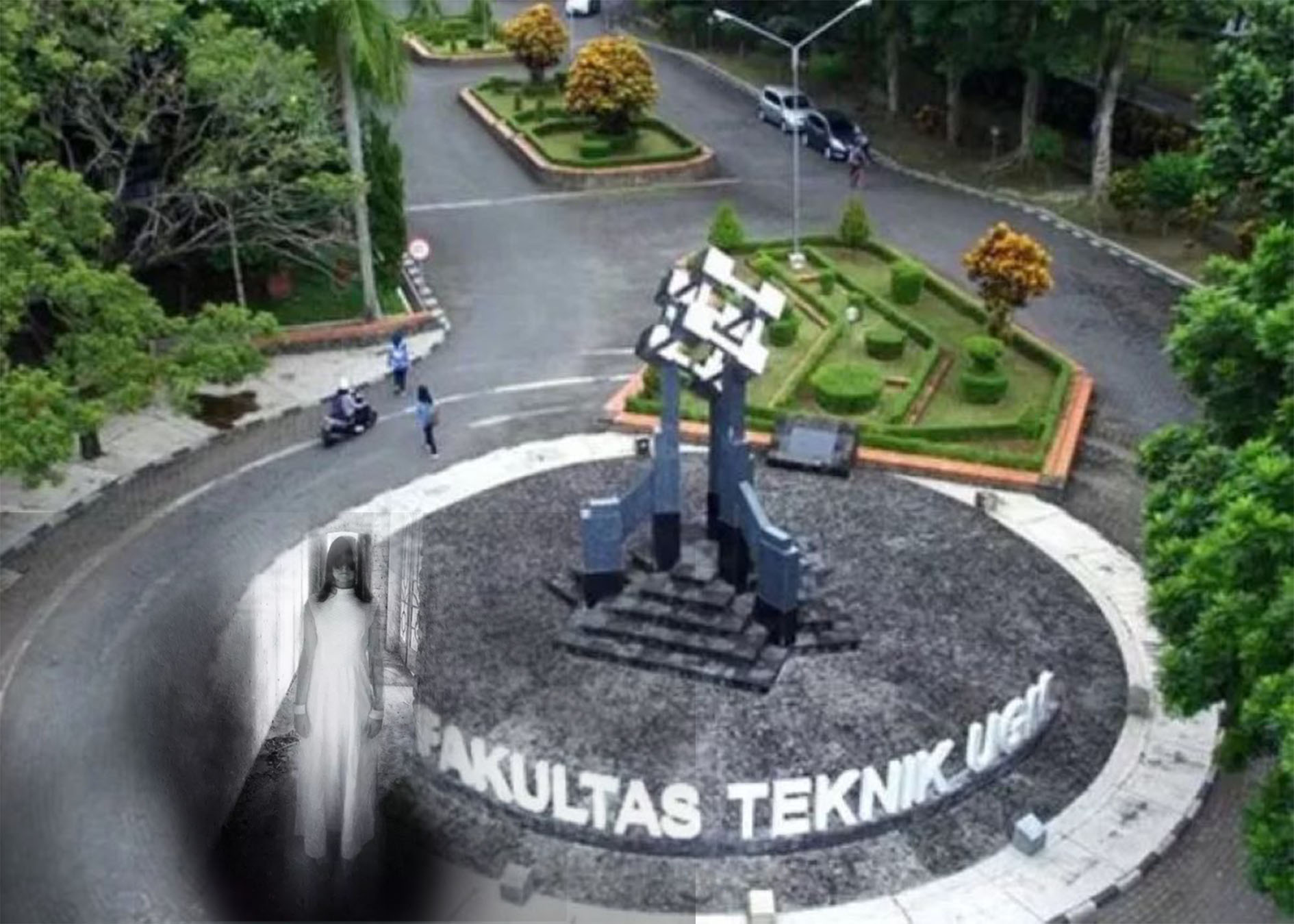 Ilustrasi kisah seram di balik mitos Bundaran FT UGM. Menyanyikan Gugur Bunga dan penunggu yang mengintai.