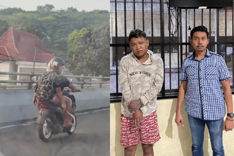 FOTO KIRI: Achmad Ridwan dan temannya bergaya sok jagoan mengacung-acungkan celurit saat melintas di Flyover Jatingaleh, Kota Semarang. FOTO KANAN: Tersangka Achmad Ridwan diamankan polisi. (ISTIMEWA)