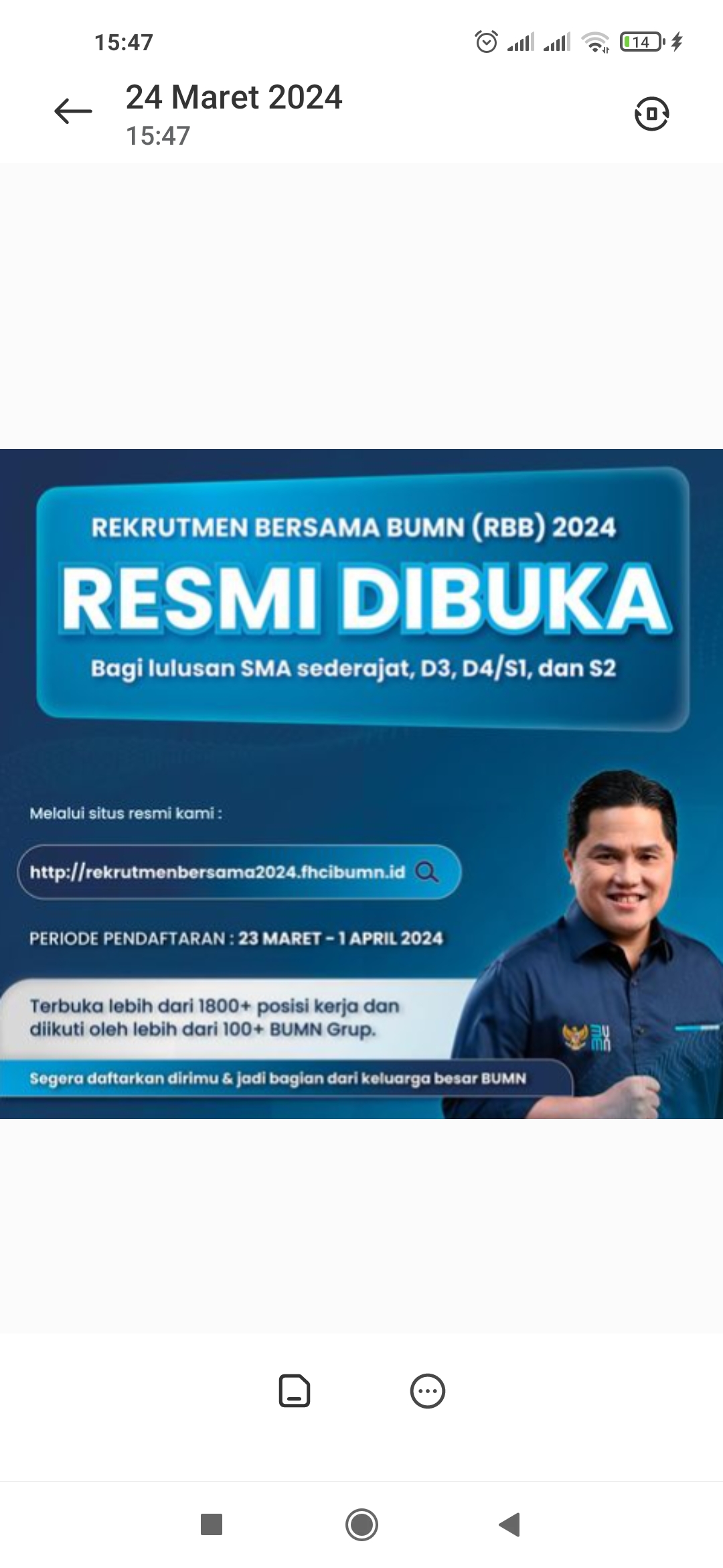 TERBUKA: Informasi rekutmen bersama BUMN 2024. (tangkapan layar akun resmi Kementerian BUMN @fhci.bumn)
