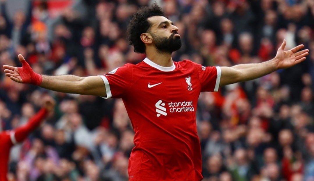 GAGAH: Selebrasi Mohamed Salah usai cetak gol dan membalikkan keadaan untuk keunggulan Liverpool atas Brighton (premier league)