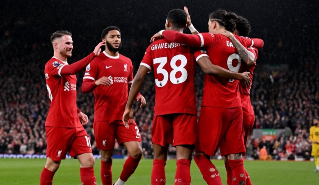 MENYALA: Selebrasi pemain Liverpool usai Darwin Nunez mencetak keunggulan ke gawang Sheffield United