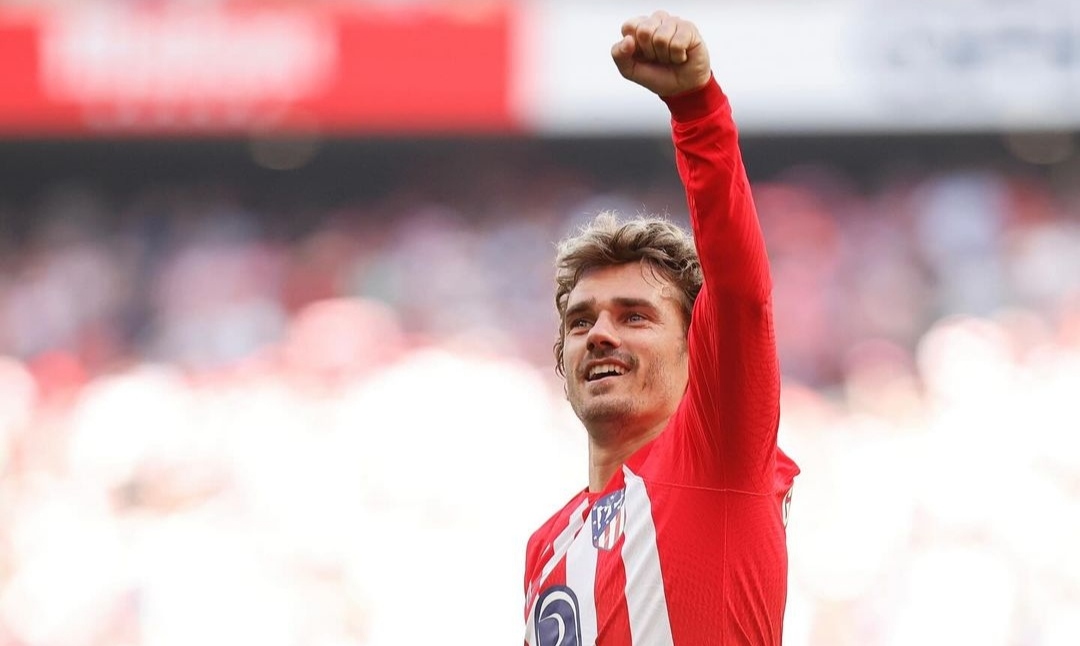 Selebrasi Antoine Griezmann setelah jebol gawang Girona dan membawa kemenangan bagi Atletico Madrid