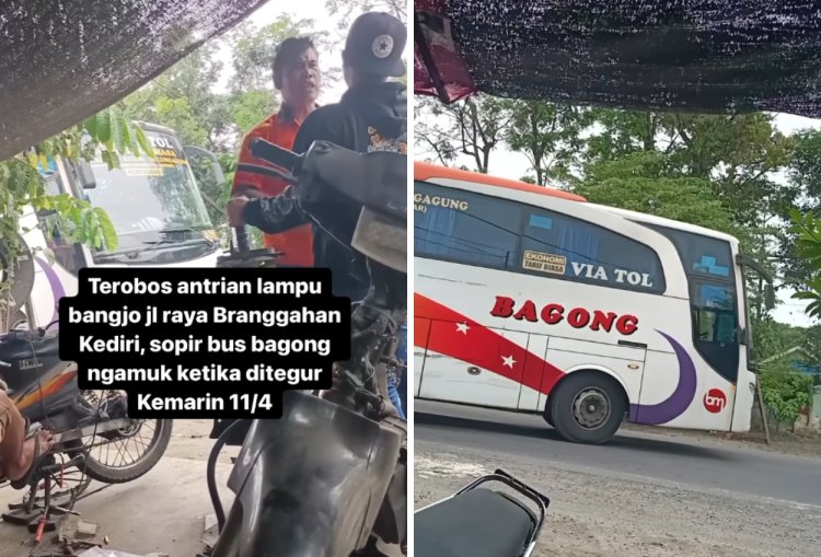 Sopir Bus Arogan Melawan Arah dan Beradu Mulut dengan Warga di Kediri, Kini Ditilang dan Diskors (Gambar : Kolase Tangkapan Layar Instagram/@medsoskediri)