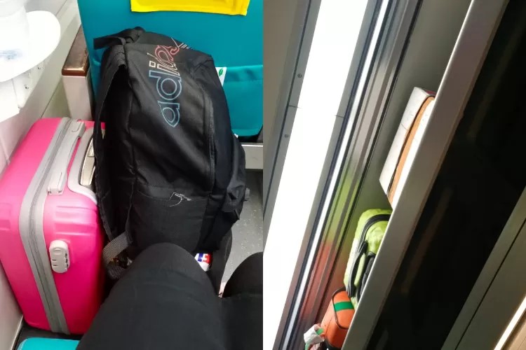 Foto penumpang yang mengeluhkan bagasi kabinnya penuh sehingga harus menaruh barang bawaan di bawah kursi. ( X @cpamungkas)
