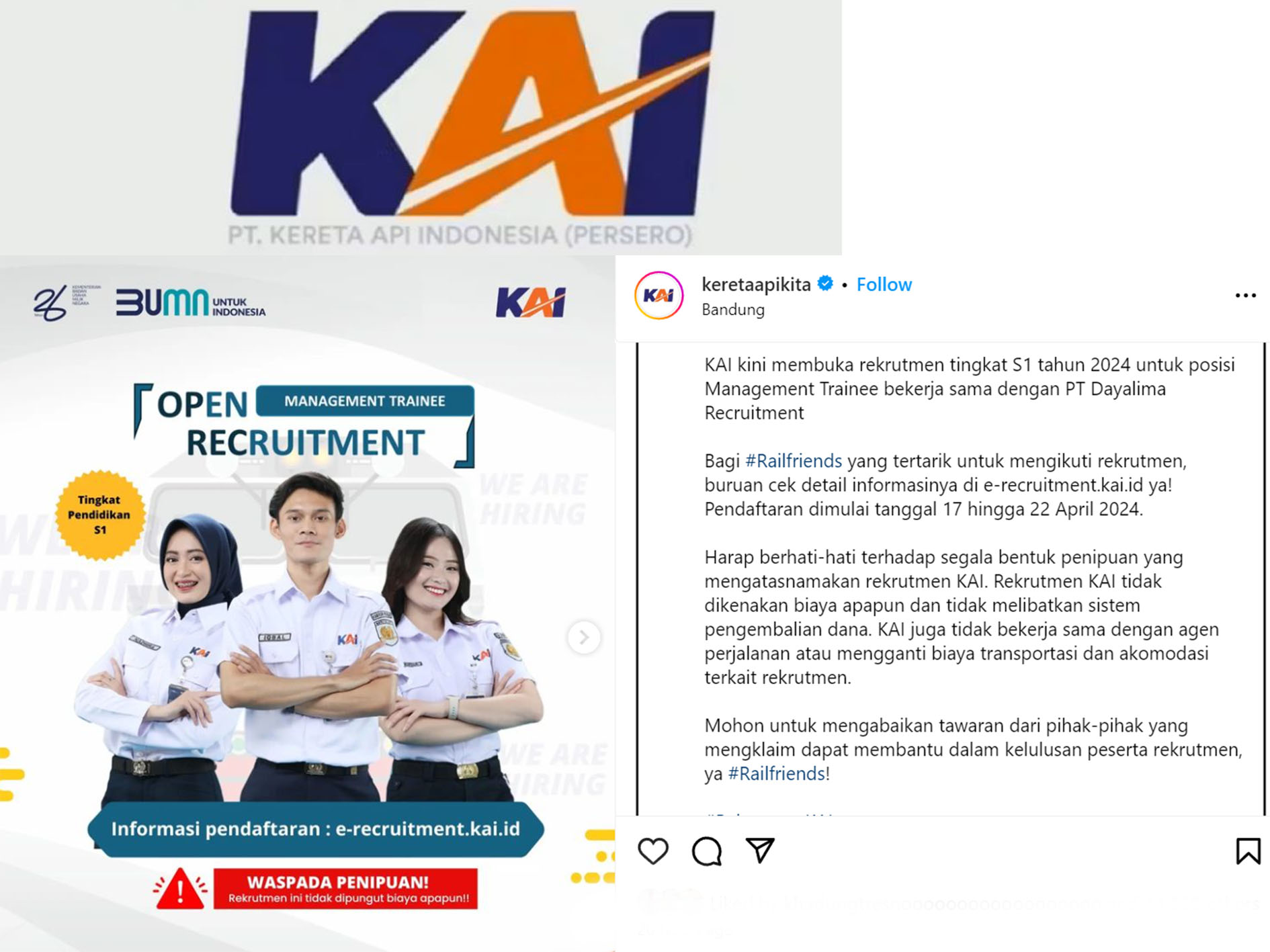PT KAI resmi membuka rekrutmen untuk posisi management trainee.