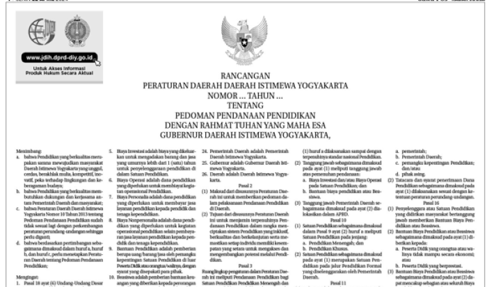 Rancangan Peraturan Daerah Daerah Istimewa Yogyakarta tentang Pendanaan Pendidikan