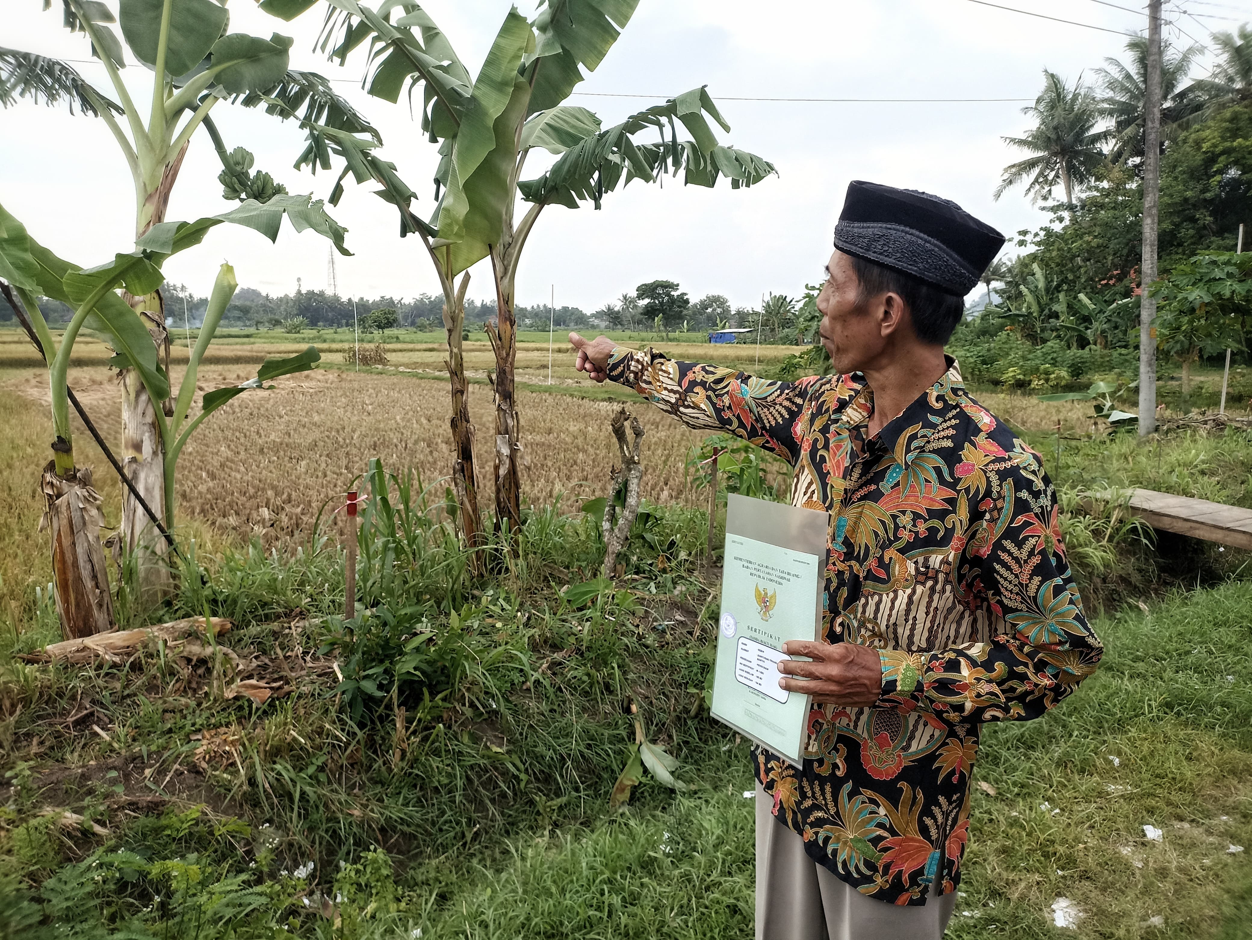 Salah seorang pemiik lahan penerima sertifikat menunjukkan lahan pertanian miliknya di Bulak Ciren, Kalurahan Triharjo, Pandak, Bantul, Rabu (24/4/2024).