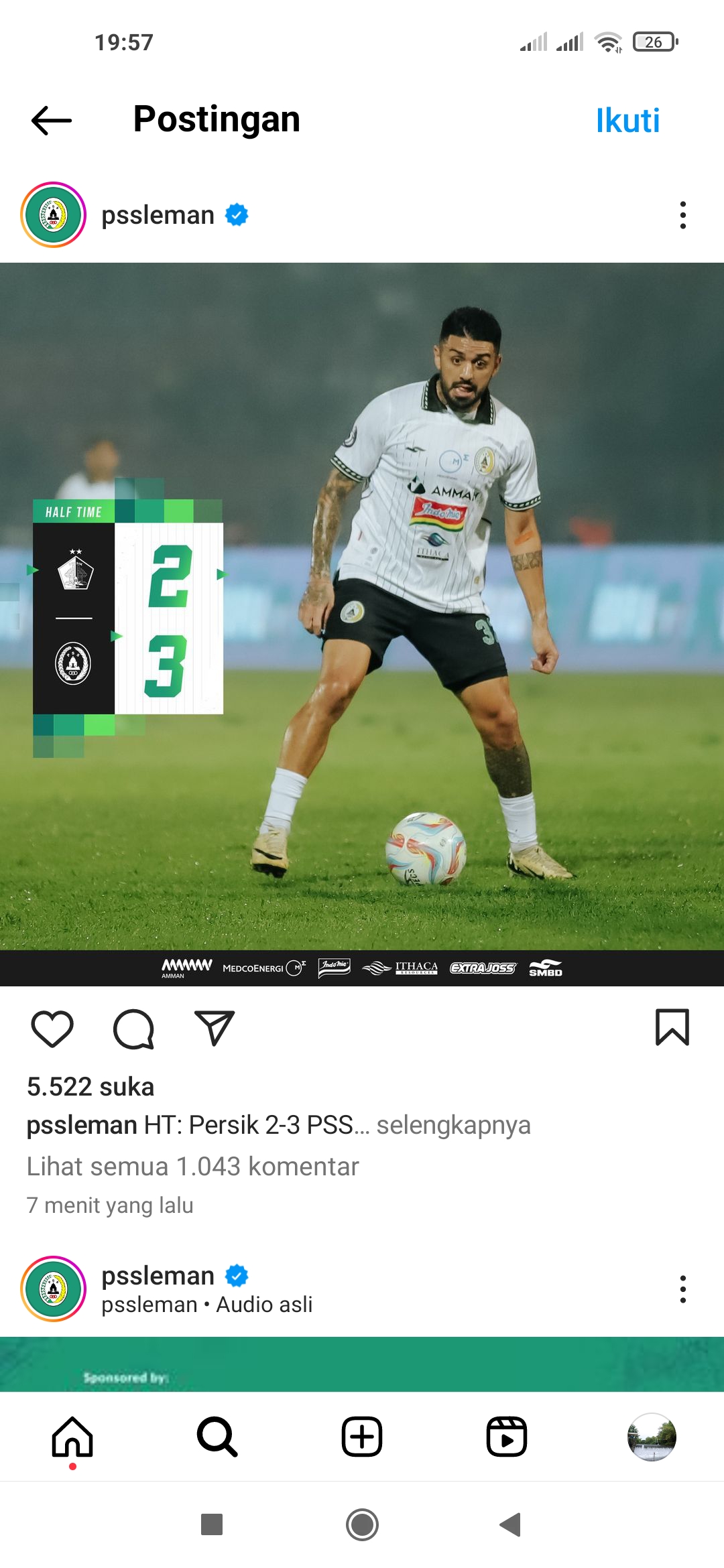 UNGGULAN: Pemain PSS Sleman Jonathan Bustos saat melawan Persik Kediri yang terselenggara di Stadion Brawijaya, Rabu (24/4) malam. (Dok PSS)