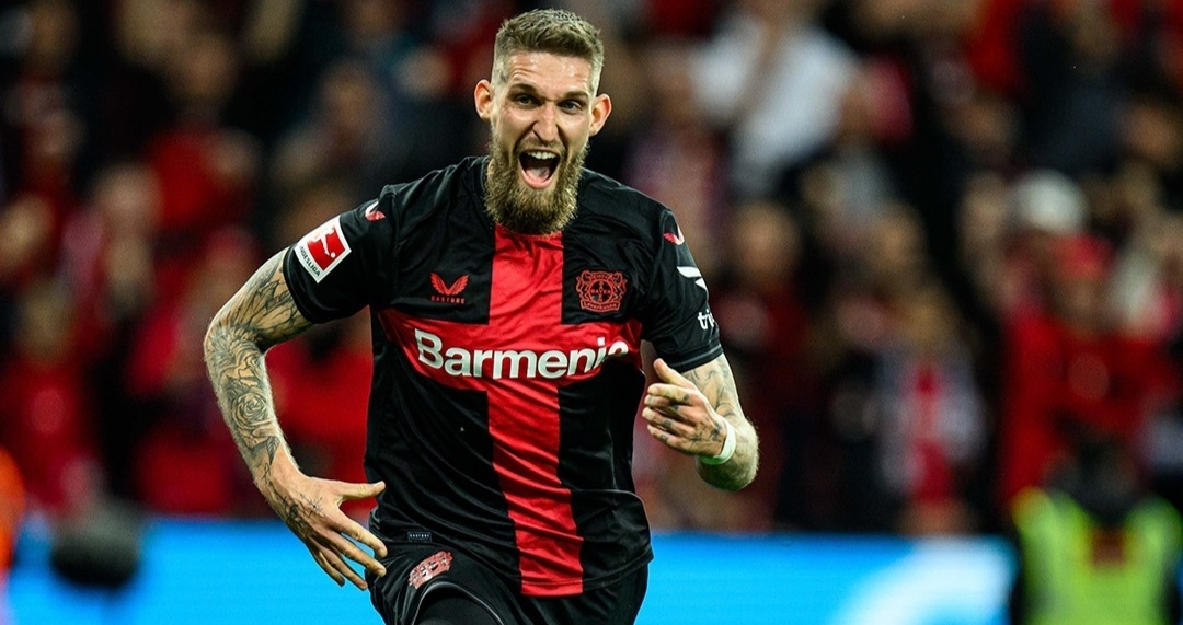 Selebrasi Robert Andrich usai mencetak gol di menit akhir ke gawang VfB Stuttgart untuk memastikan tren tak terkalahlan Bayer Leverkusen tidak musnah